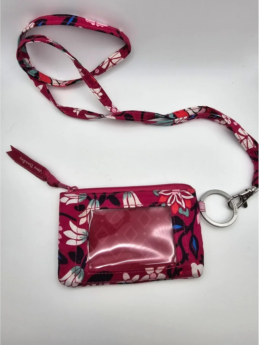 Vera Bradley Zip ID Case Lanyard Pink Floral Quilted Key Ring Wallet